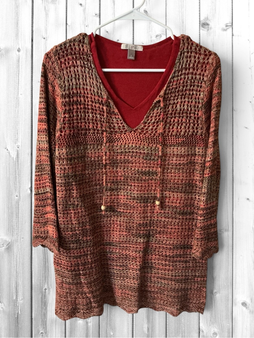 🌼Roz & Ali Rust Multicolor Crochet V-Neck Tunic Sweater